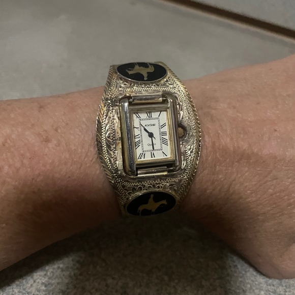 Montana Silversmiths Accessories - Montana Silversmiths‎ Western Cuff Watch Engraved Bronc Silver Gold Tone Quartz